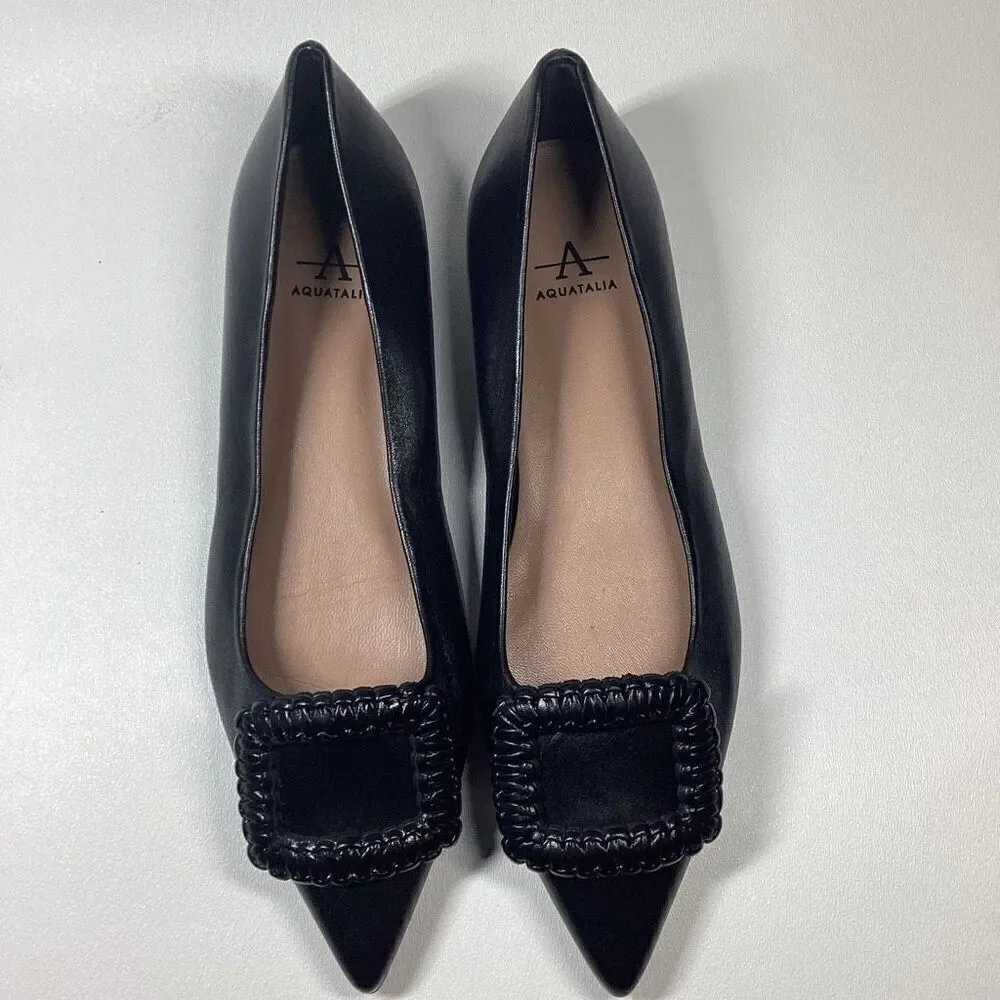 Aquatalia Adorned Black Woven‎ Leather Square Toe Flats  Size 7